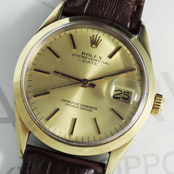 ロレックスROLEX オイスターパーペチュアルデイト1550 5～番 メンズ 腕時計 自動巻 ゴールド文字盤 社外ベルト CF5495