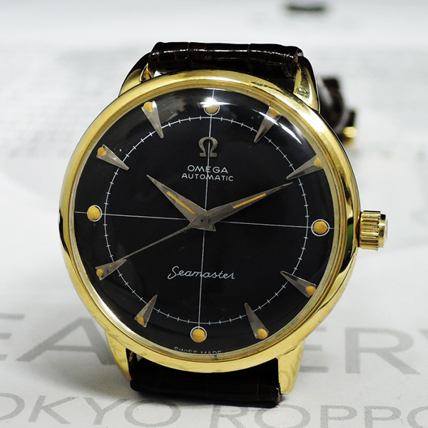 オメガ OMEGA シーマスター K14 メンズ腕時計 自動巻き 黒文字盤 新品純正ベルト IT5836-19*s