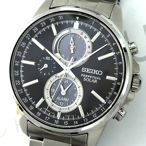 セイコーSEIKO スピリットスマート パーペチュアルソーラー メンズ腕時計 クロノグラフ ソーラー式 ステンレス 黒文字盤 W1221