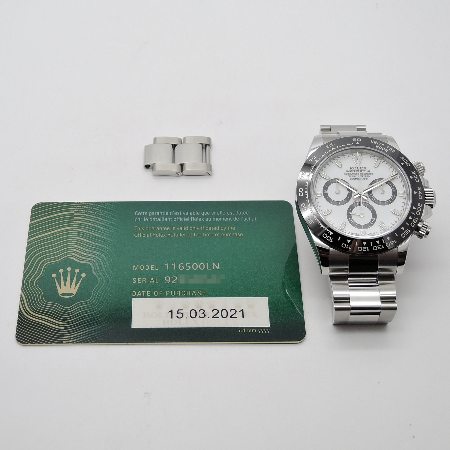 ロレックス デイトナ 116500LN 最新ギャランティ 2021年保証書 ランダム番 白 ホワイト AT 18㎝ ROLEX Daytona Latest Guarantee White C004352のイメージ画像